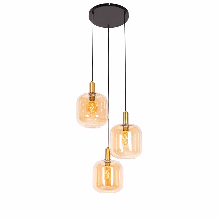 Qazqa Design hanglamp zwart en messing met amber glas, 3-lichts, dimbaar