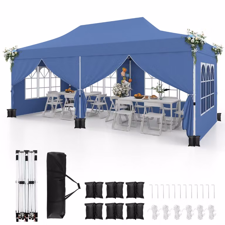 Costway Partytent met 6 Afneembare Zijwanden en Draagtas, Blauw, 300 x 600 cm