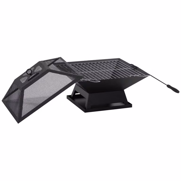 Outsunny vuurschaal met vonkenbescherming, grillrooster en poker, zwart, B/D/H: 45 x 45 x 34 cm