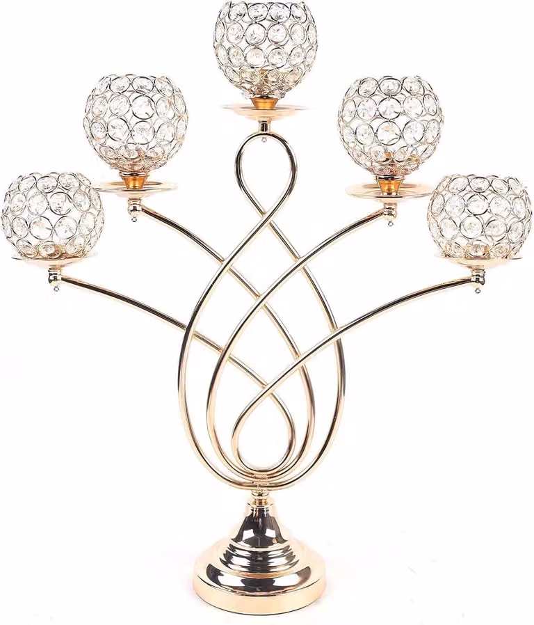 Goudkleurige 5-armige kristallen kandelaar voor dinerdecoratie, Hoogte: 62 cm