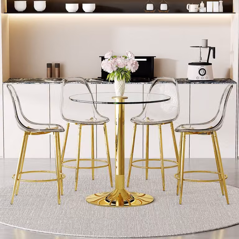 OKWISH Bartafelset met ronde glazen tafel van 89 cm en 4 transparante barkrukken voor in de keuken of bar