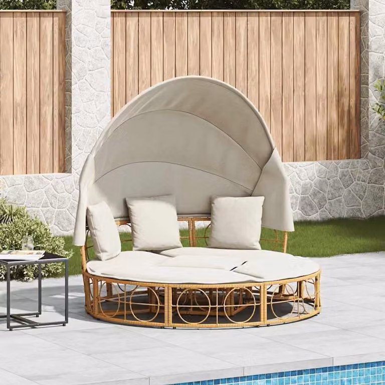 Loungebed met zonnedak en kussens in crème, modulaire polyrotan tuinmeubelset voor tuin of terras, B/D/H: 160 x 151 cm