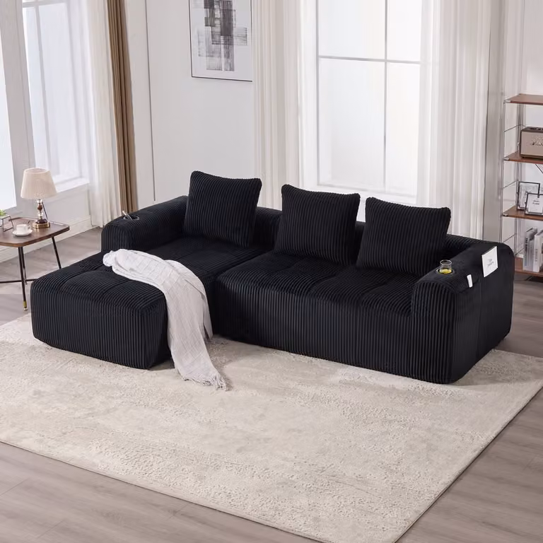 HAUSS SPOLE Compacte Modulaire 3-Zits Bank met Zijvakken, Bekerhouder en 3 Kussens, Ribfluweel Zwart, B/D/H: 253 x 158 x 61 cm