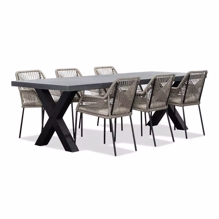 Lyon/Seville zand dining tuinset voor 6 personen met betonlook en touw, 250 cm