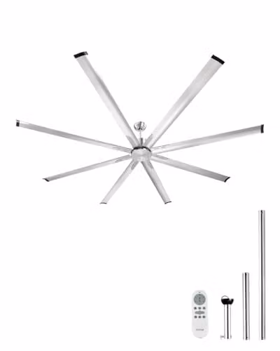 VEVOR Plafondventilator met 8 aluminium bladen en 6 versnellingen, Geborsteld Nikkel/Zilver, Diameter: 244 cm