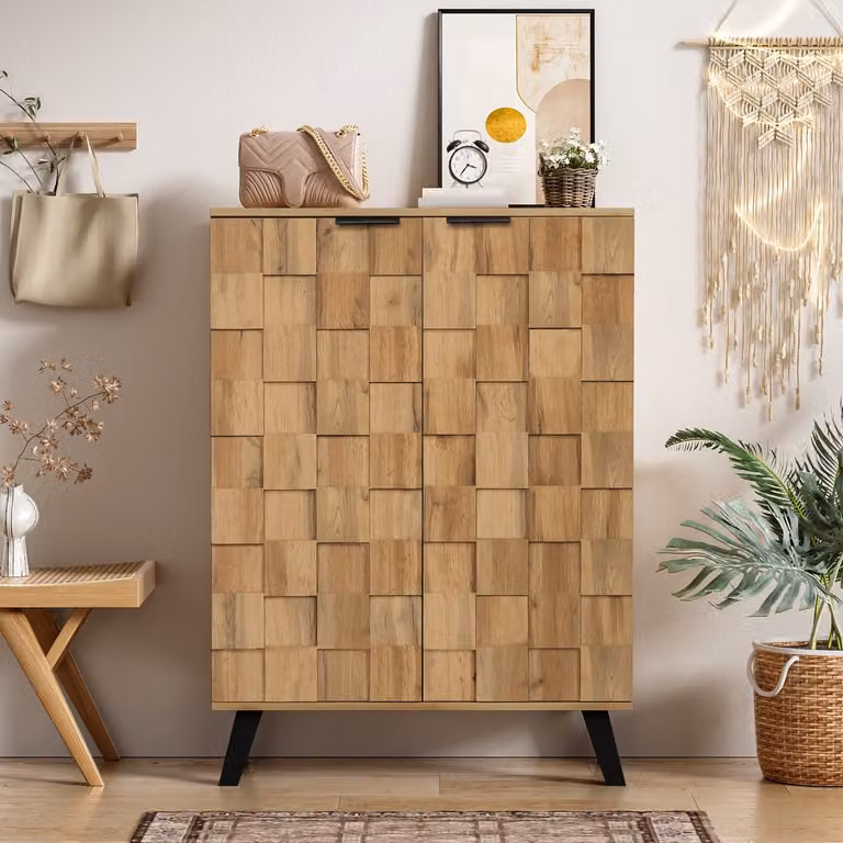 Re-purelife Schoenenkast met 5 Verstelbare Planken en Demper Deuren - Moderne Smalle Opbergkast in Natuur Houtlook met Zwarte Accenten - B/D/H: 80 x 35,5 x 110 cm