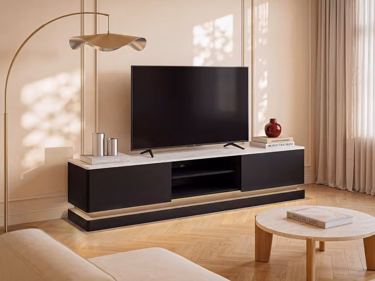 Devika Tv-meubel met ledverlichting, 2 lades en 2 nissen, Zwart met wit marmereffect, B: 190 cm, H: 44 cm, D: 40 cm
