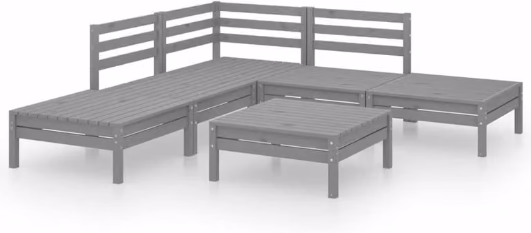 6-delige modulaire tuin lounge set in rustiek hout met grijze kussens voor tuin, balkon of terras