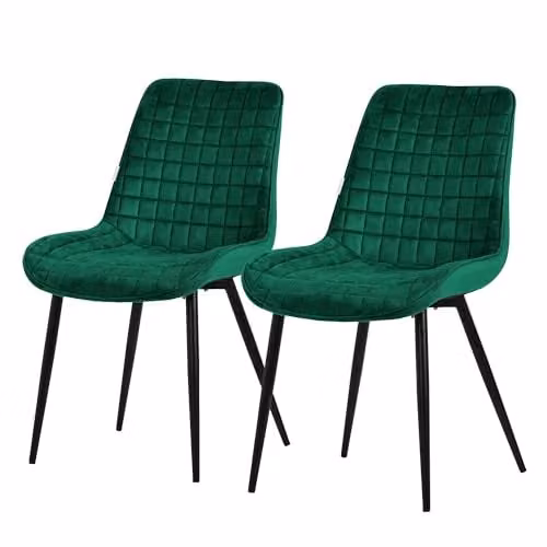 ML-Design Set van 2 eetkamerstoelen donkergroen met fluwelen zitting en zwarte metalen poten