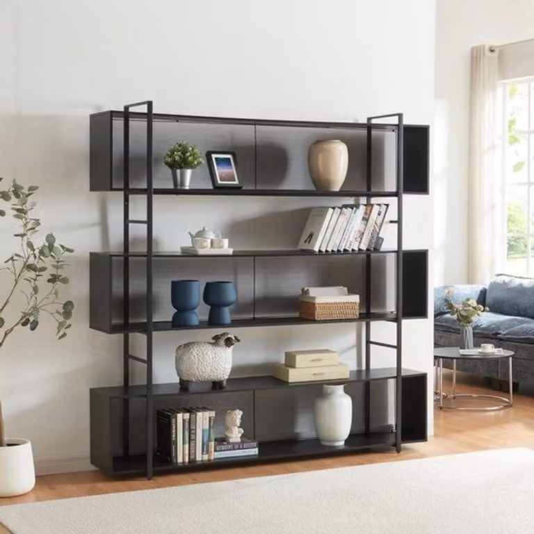 Grote staande open boekenkast van zwart metaal voor in de woonkamer of home office, 180 x 180 cm