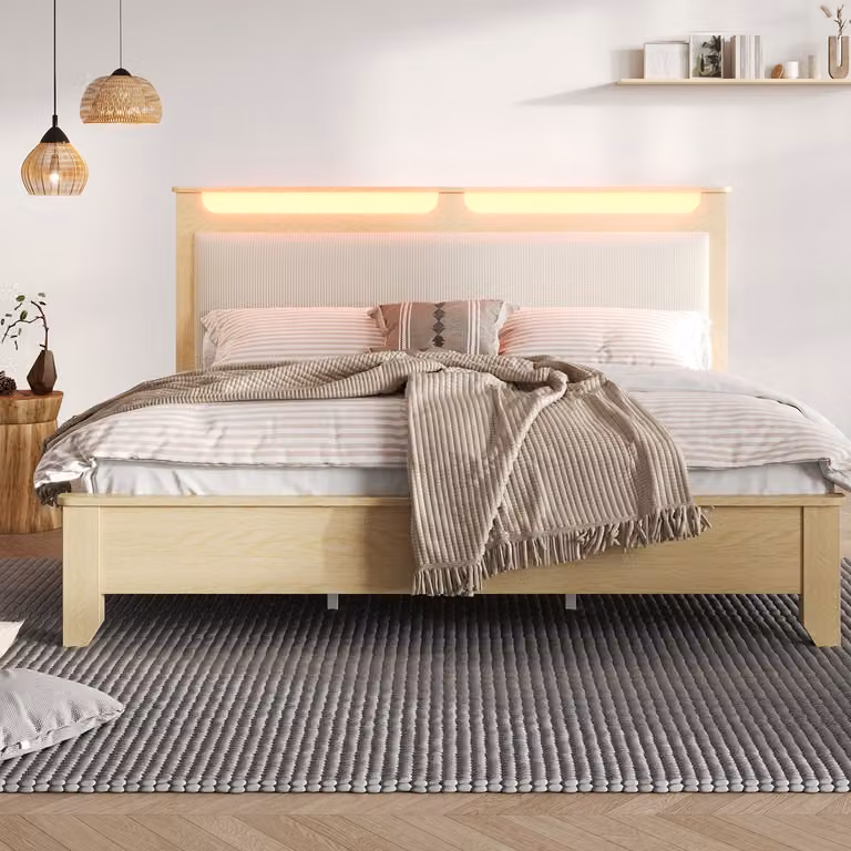 Merax Gestoffeerd Tweepersoonsbed met LED-verlichting en Opbergruimte, Beige, B/D: 140 x 200 cm