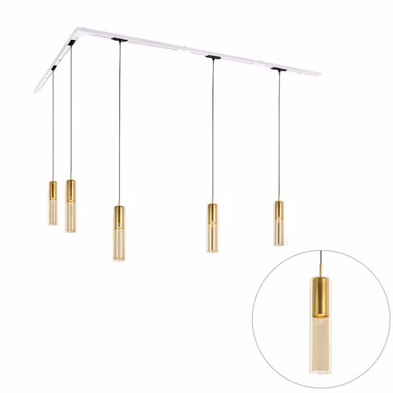 Qazqa Modern railsysteem met 5 verstelbare glazen hanglampen in goud/messing en wit, 1-fase