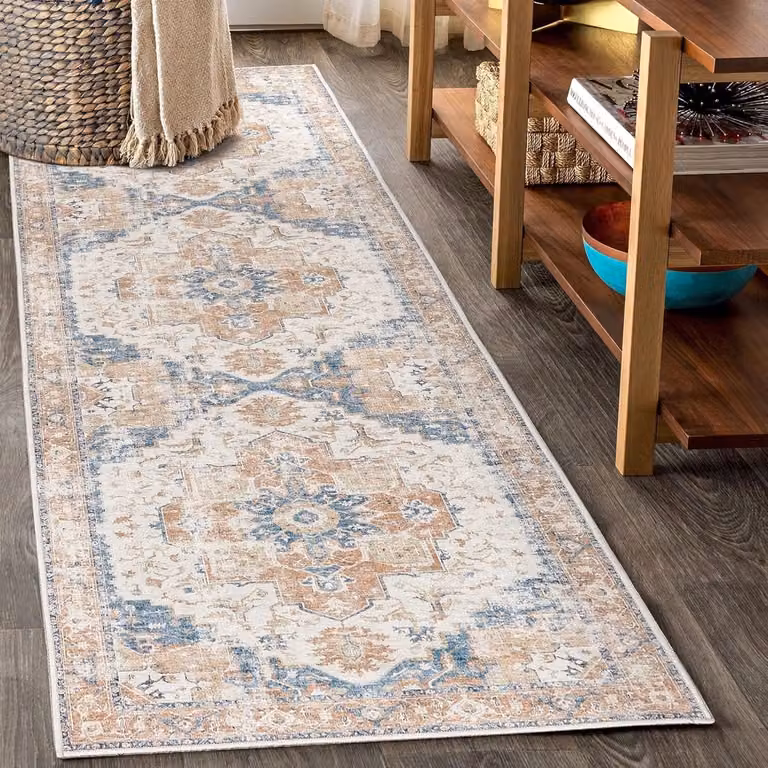 Oranje Floral Tapijt - Wasbaar Vintage Bloementapijt van Polyester - 60 x 300 cm