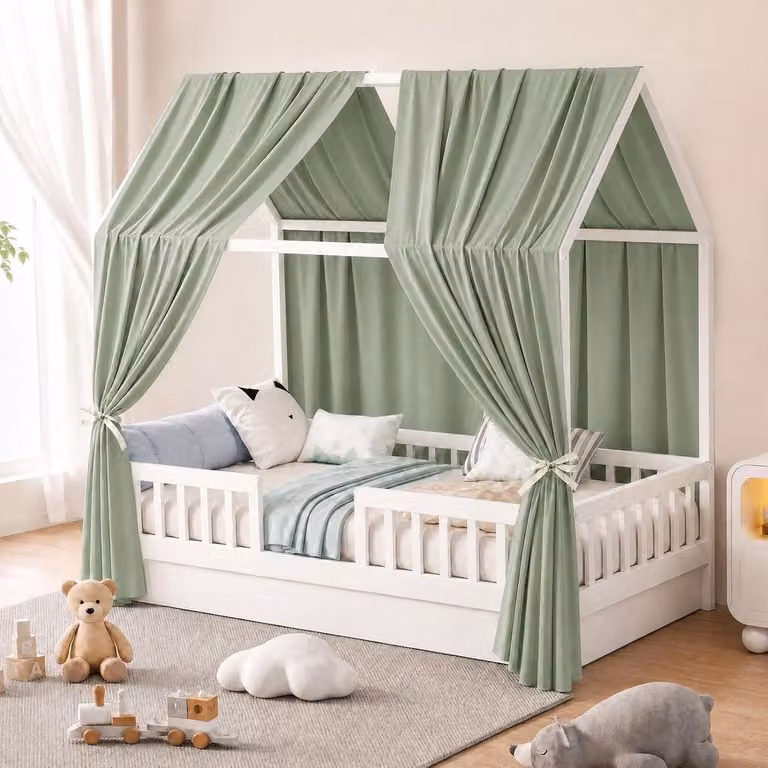 Set van 2 Hemelbedten voor Kinderen in Hemelsgroen, Ademend en Zacht Mousseline, H 350 x B 135 cm