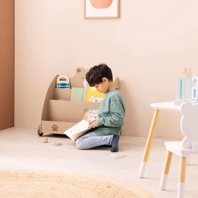 Houten Kinder Boekenkast met Berenontwerp - Bruin - B: 60 cm, H: 58 cm