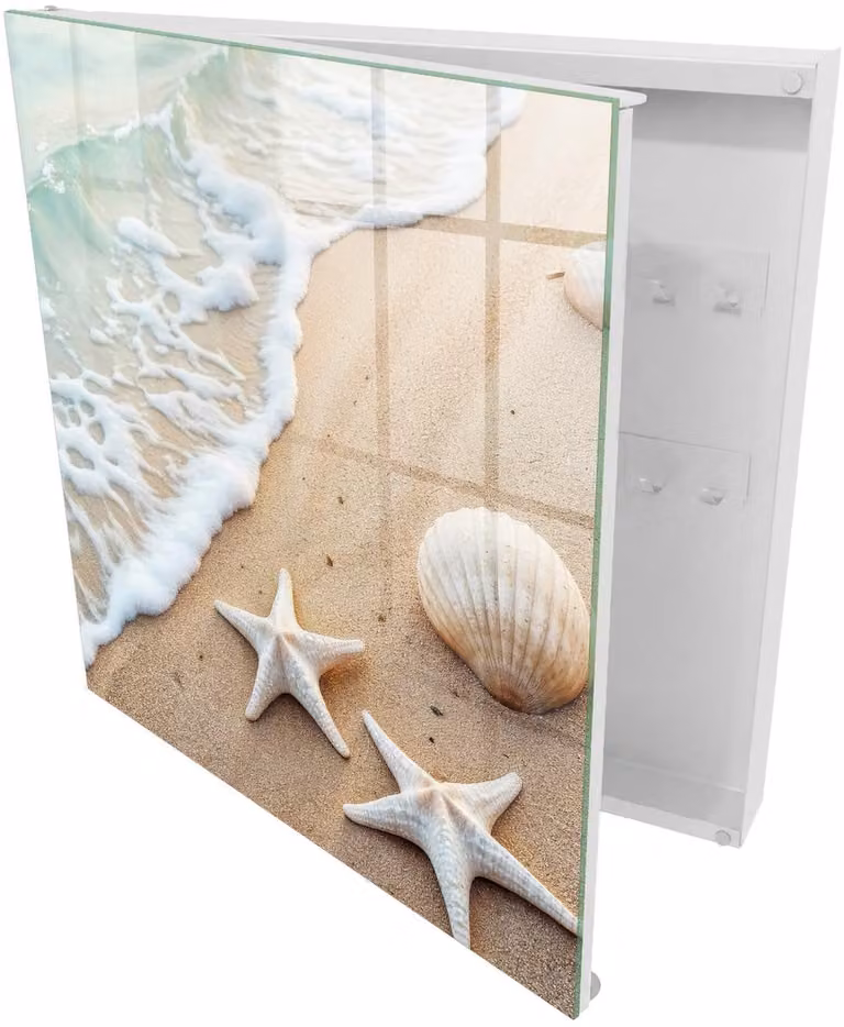 Tulup Sleutelkast Strandparadijs Beige met 50 haken en wit interieur B/D/H: 30 x 30 x 5 cm