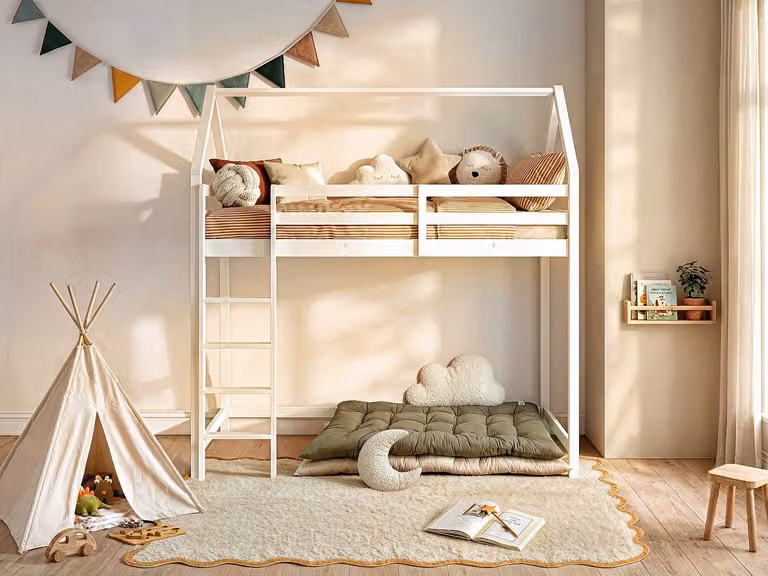 TARZIA Hoogslaper voor kinderen met speelruimte, Massief grenen, Wit, B/D/H: 90 x 190 x 200,5 cm