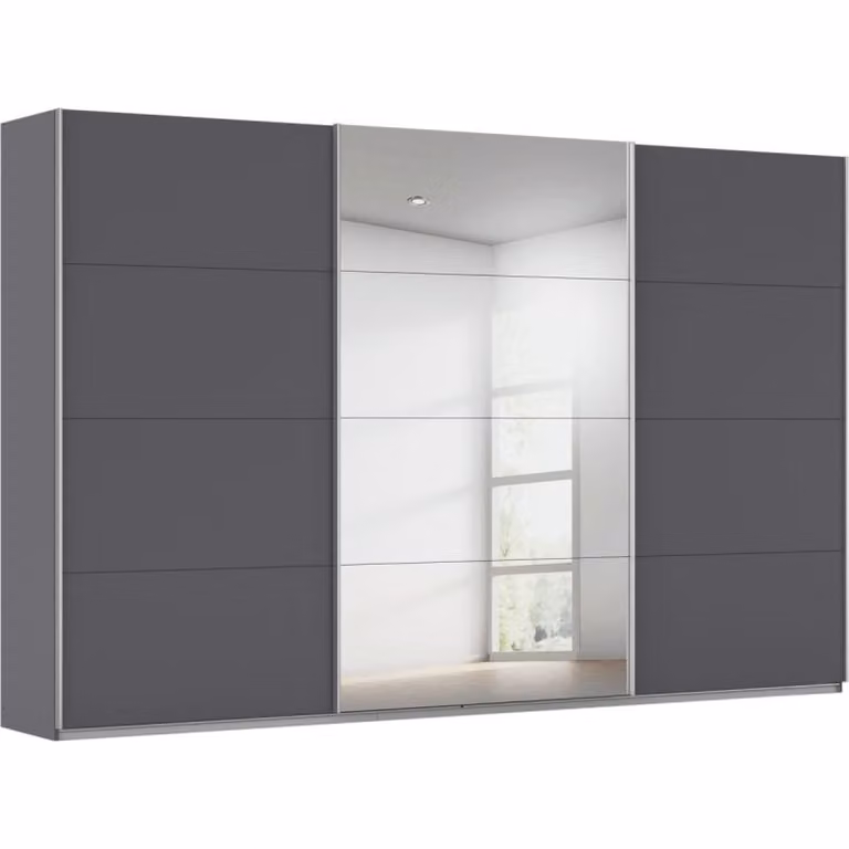 Kledingkast Kick Budget Home Store Grijs metallic met glazen deuren en aluminiumkleur greeplijst B/D/H: 360 x 229 cm