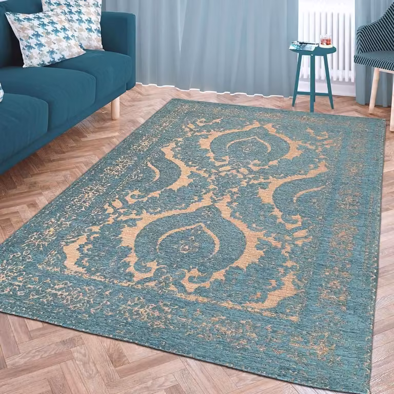 Oosters Vloerkleed Petrol Goud - Modern Rechthoekig Tapijt voor Woonkamer en Slaapkamer - 135 x 200 cm