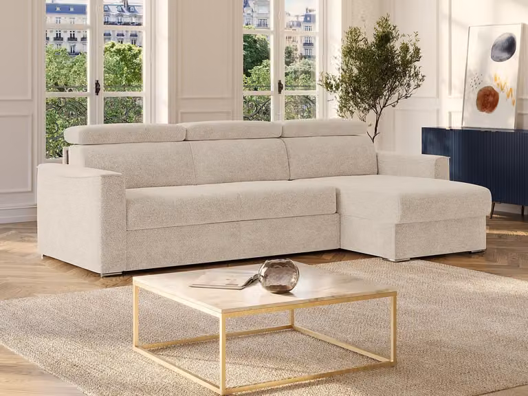 VIZIR Omkeerbare express-hoekslaapbank in beige chenille stof met traagschuim matras, Bed 140 x 190 cm