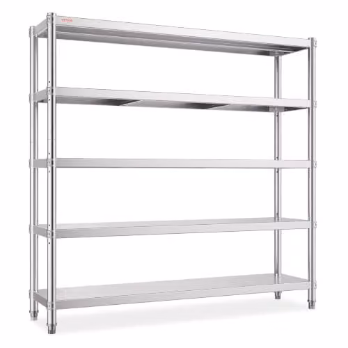 VEVOR 5-laags roestvrijstalen opbergrek in zilver, verstelbaar en robuust, B/D/H: 180 x 45 x 180 cm