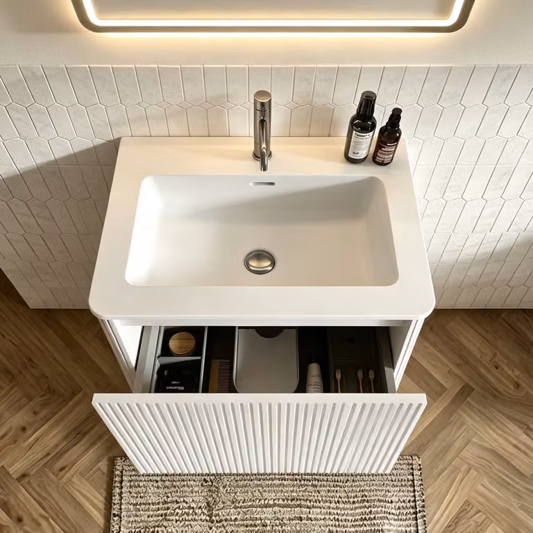MODFU Badkamerkast met wastafel en lade, Fluted Design, Wandhangend, Wit, Breedte: 60 cm