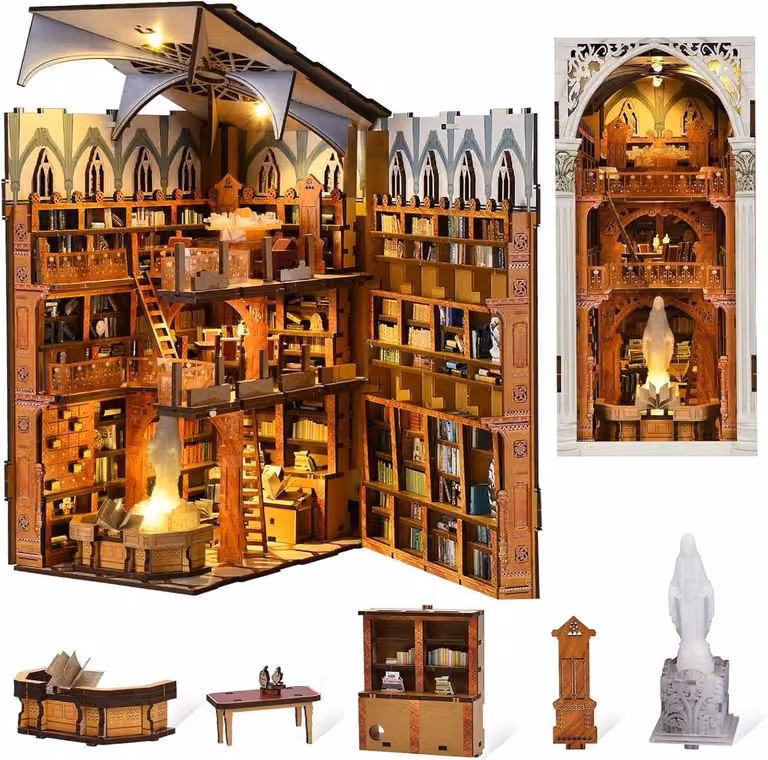 DIY Book Nook Miniatuur Boekensteun Set voor Volwassenen - Houten 3D Puzzel met Licht voor Bibliotheek en Boekenrek - Openbare Plek Design