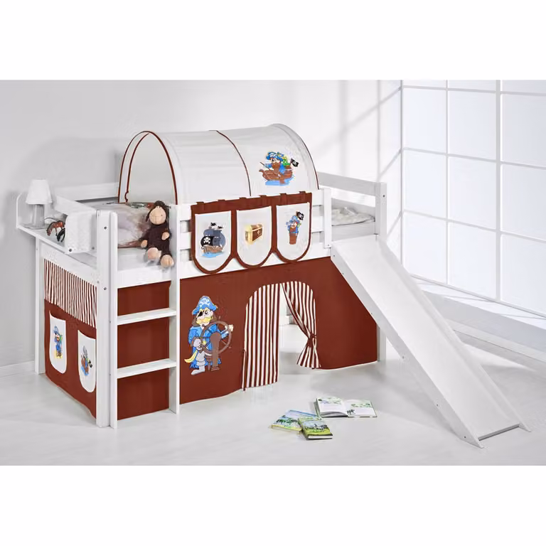 home24 Hoogslaper Piraat voor kinderen met glijbaan, wit/bruin, 90 x 200 cm