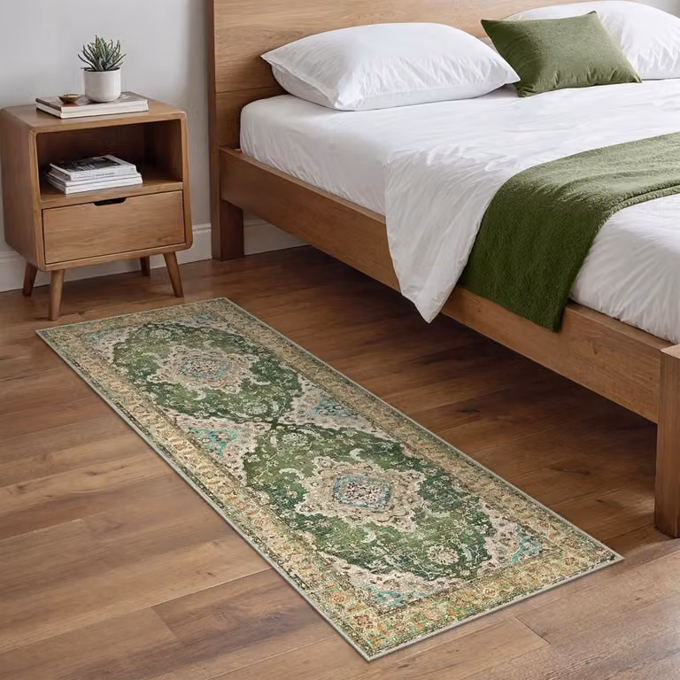 Wasbaar Kortpolig Vloerkleed met Antislip voor Slaapkamer, Keuken of Woonkamer - Smaragdgroen - B/D: 80 x 200 cm