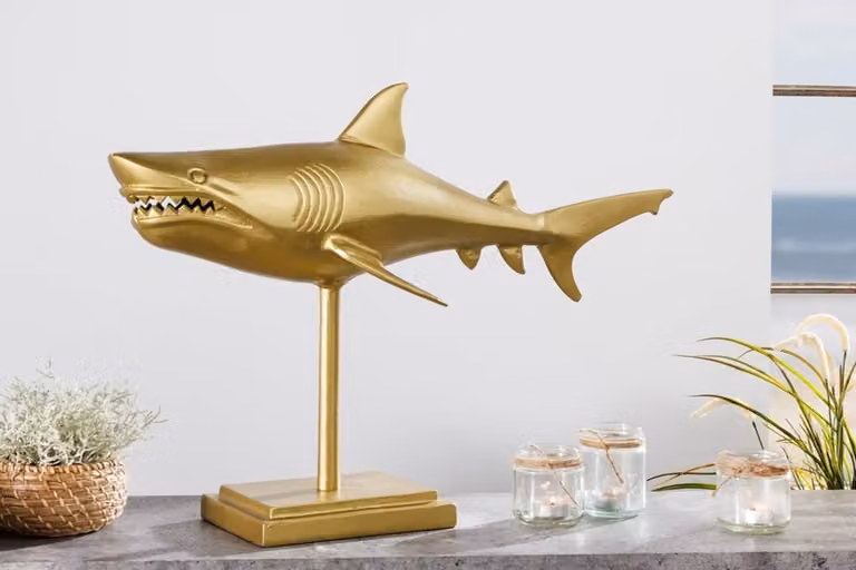 Invicta Interior Maritiem Beeld Haai - Goud - Handgemaakt Metaal - Hoogte: 68 cm