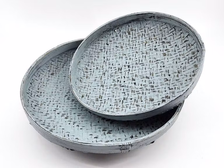 Set van 2 rotan schalen in zee blauw, B: 34 cm, H: 30 cm, D: 8 cm, H: 6 cm
