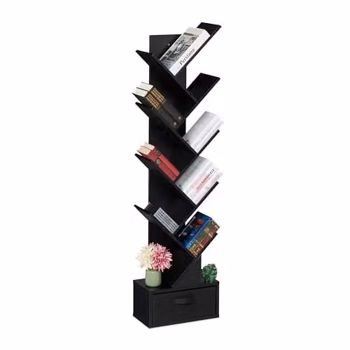 Relaxdays Boekenkast in boomvorm met 9 vakken, zwart, H 146 x B 38 x D 22 cm