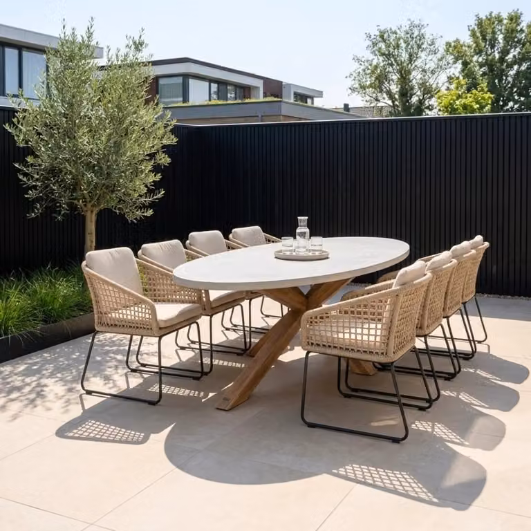 Livorno/Tulum Sahara Dust eettafelset voor 8 personen met betonlook en touw, ovaal, 280 cm