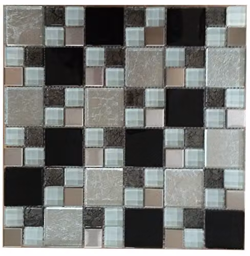 Mozaïektegels glas en roestvrij staal zwart wit zilver 30x30 cm M711