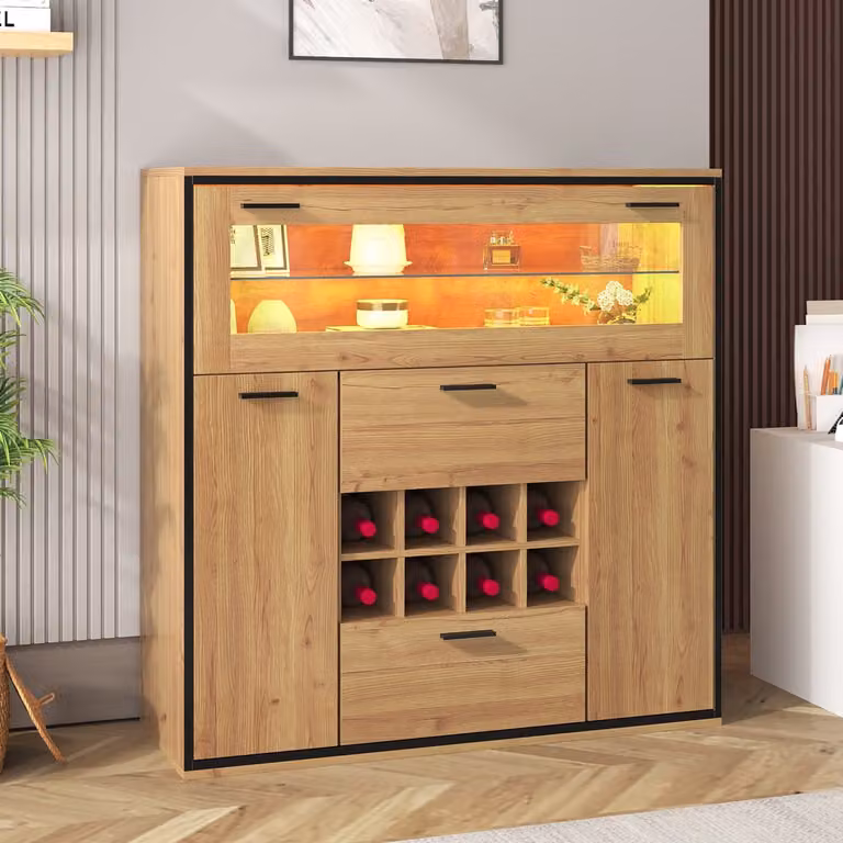 Moderne Wijnkast Sideboard met 2 Deuren, Glazen Plank, Wijnrek en 16-kleuren LED-verlichting in Houtlook en Zwart, B/D/H: 110 x 38 x 111 cm