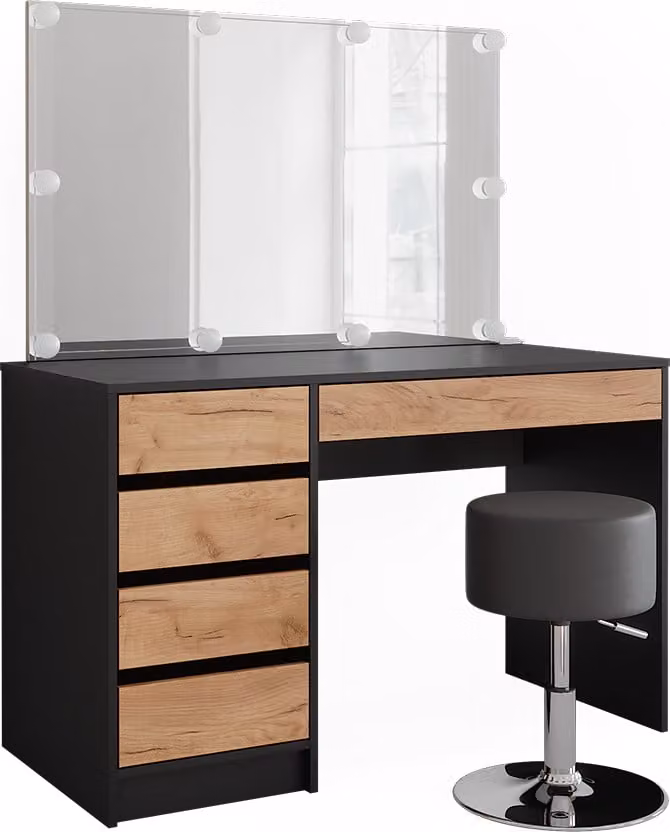 Vicco Kaptafel Sherry Antraciet/Goudkleurig Eiken met spiegel, LED-lichtslinger en kruk, Model 52029, B/D/H: 120 x 40 x 145 cm