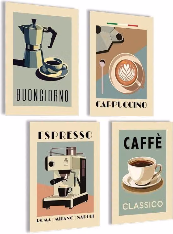 Retro koffieposter-set met meerkleurige fotografische prints voor wanddecoratie in de keuken