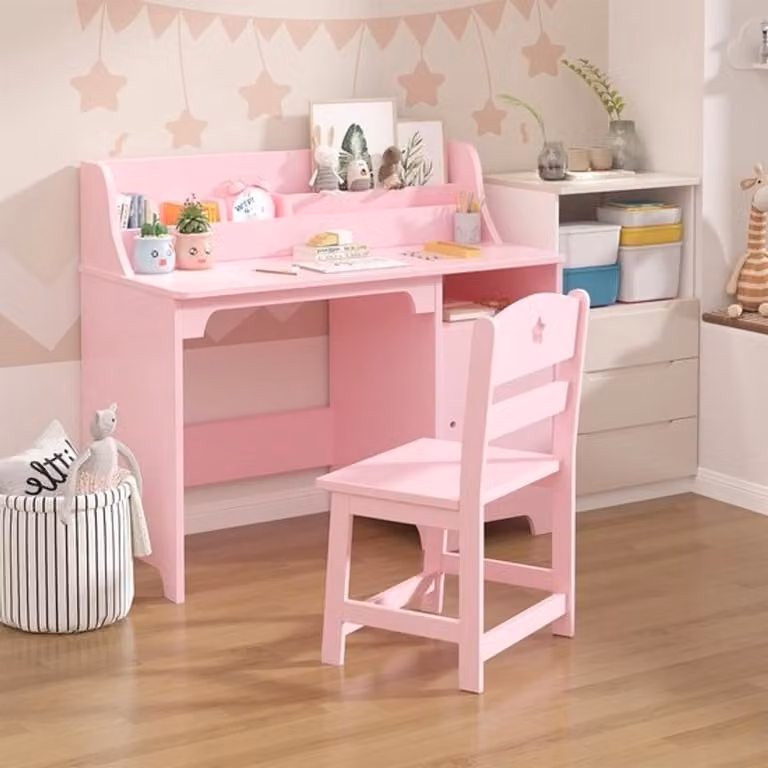 Roze kinderbureau met stoel en grote opbergruimte, B/D/H: 94 x 86 cm