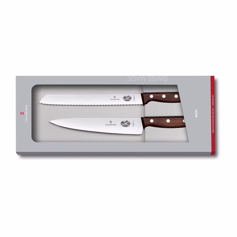 Victorinox Wood messenset met broodmes en koksmes van roestvrij staal en esdoornhout