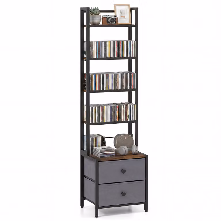 Costway Boekenkast met 5 Planken en 2 Stoffen Lades, Ladder Model, H x B x D: 144 x 40 x 30 cm