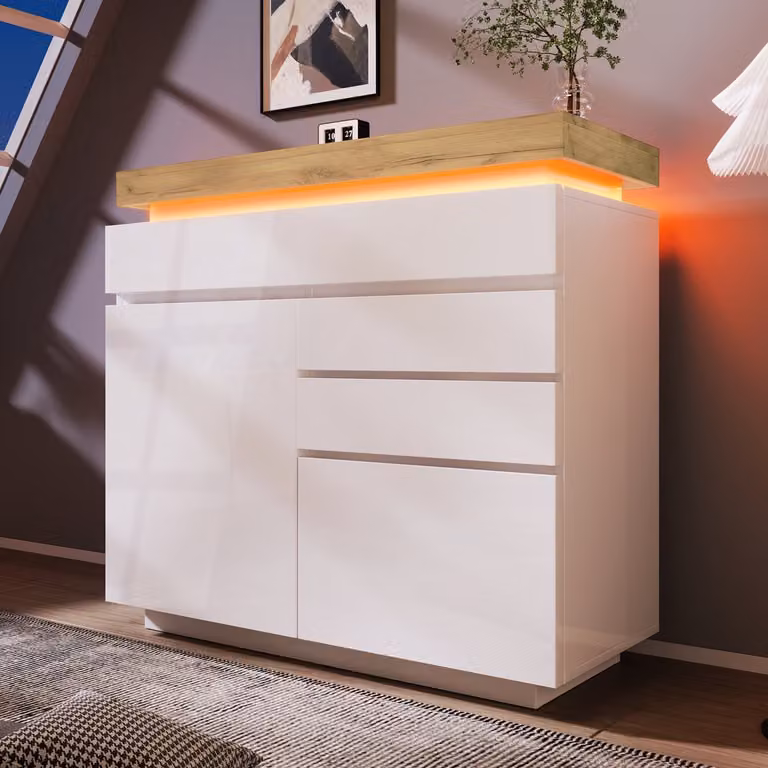 OKWISH Dressoir Wit Hoogglans met 2 Deuren, 3 Lades en LED-verlichting met App-bediening B: 115 cm, H: 110 cm, D: 39 cm