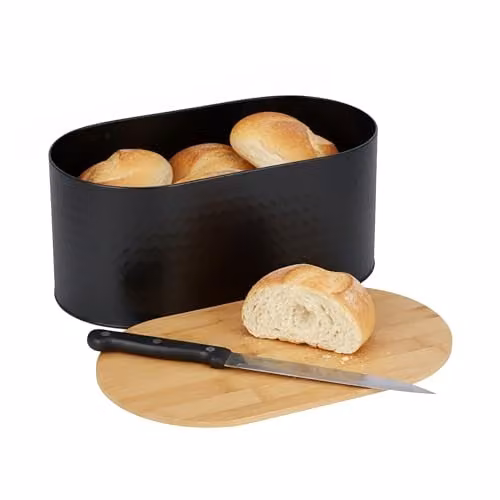Relaxdays Broodbox van bamboe en staal met snijplank deksel, zwart, H x B x D: 15,5 x 34 x 18,5 cm