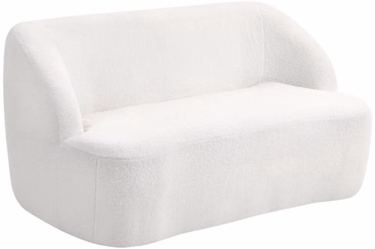 Crème witte tweezitter met gebogen design en fleece bekleding, B/D/H: 142 x 85 x 73,5 cm