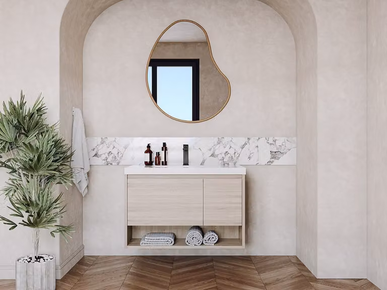 PUJUKA Zwevend badkamermeubel met enkele wastafel, licht naturelkleurig, Breedte: 90 cm, Diepte: 55 cm, Hoogte: 48 cm