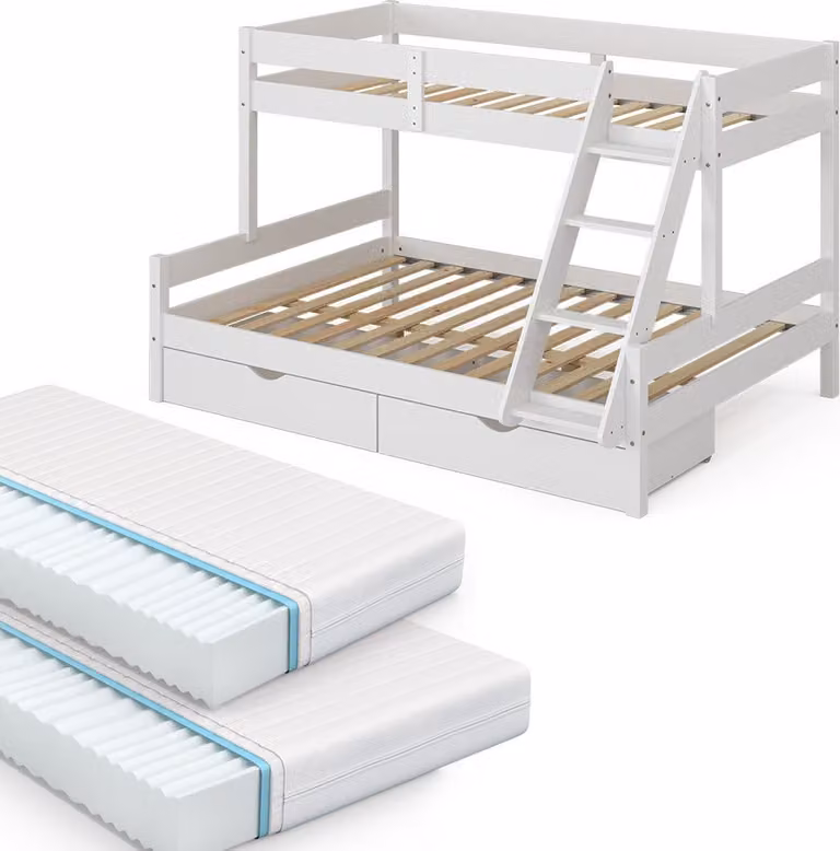 Vitalispa Everest Stapelbed Wit met 2 Matrassen en 2 Laden, Model 39560, B/D/H: 140 x 200 cm / 90 x 200 cm