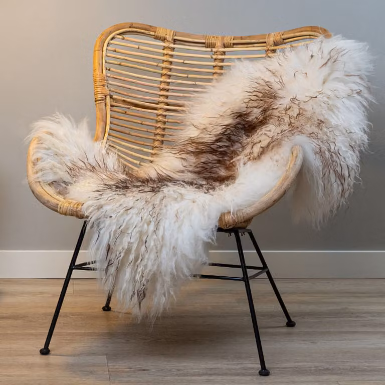 WOOOL IJslandse Schapenvacht Curly XS Wit Bruin - 100% Natuurlijk Echt Wol en Leer - 80 x 45 cm