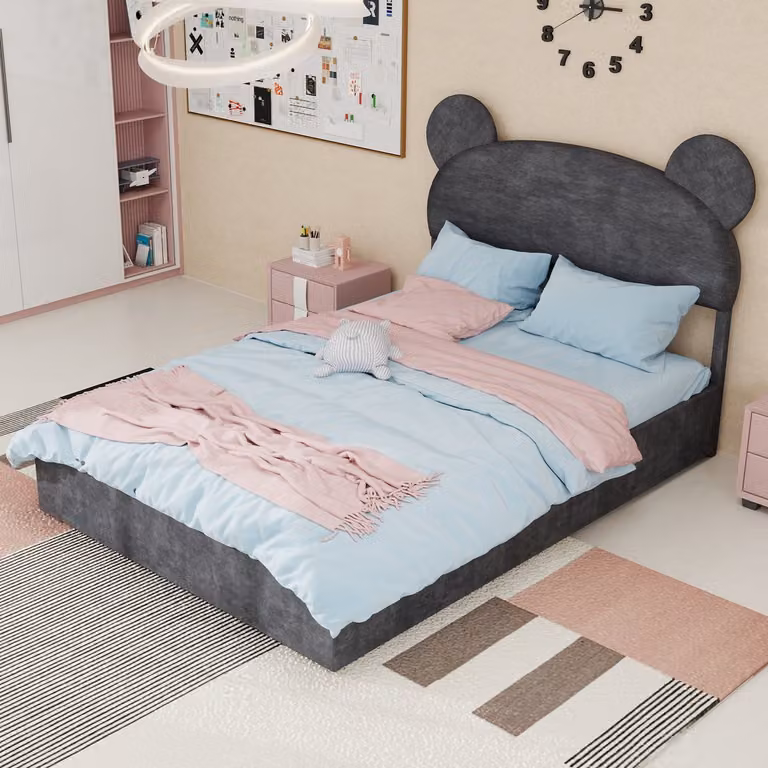 DESMIU Gestoffeerd Opbergbed met Matras en Gaslift in Cartoonvorm voor de Jeugdkamer - Grijs - B/D: 140 x 200 cm
