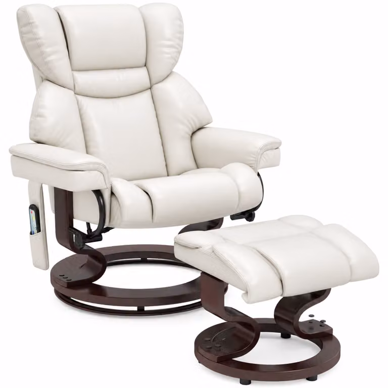 HOMCOM Relaxfauteuil met massagefunctie en voetenbank, ligstoel in kunstleer, Crèmewit, B: 79 cm, D: 82 cm, H: 101 cm