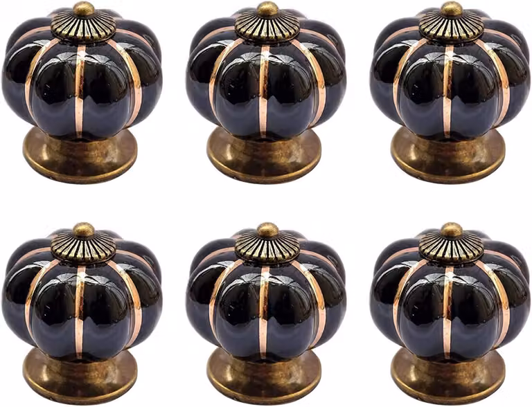 Huttutu Set van 6 zwarte keramische pompoenvormige handgrepen met vintage design voor kasten, dressoirs en keukens