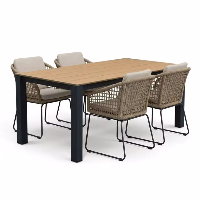 LUX outdoor living Manhattan dining tuinset voor 4 personen in antraciet/Tulum Sahara Dust met polywood en touw, 180 cm